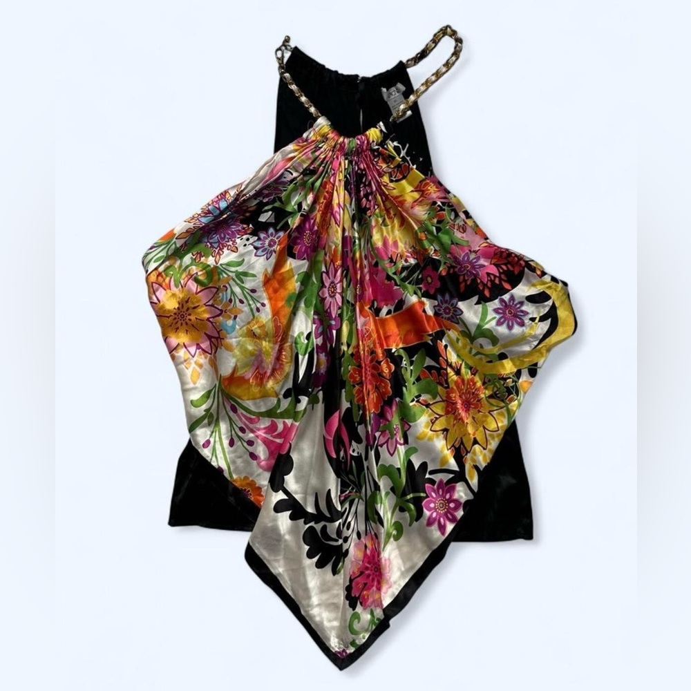 Cache Vintage Y2K Silk Scarf Floral Print Halter Chain Top in Black Size XL